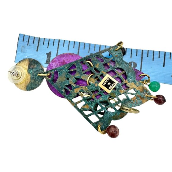 Statement Dangle Earrings Purple Green Geometric Brass Details Gemstone Accents - Picture 6 of 7